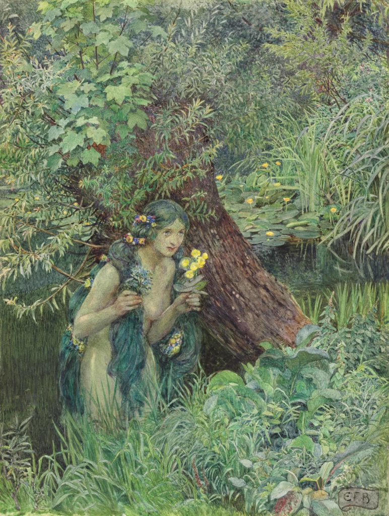 ritual for spring equinox painting - Eleanor Fortescue-Brickdale - With goodly greenish locks, all loose 'untied'