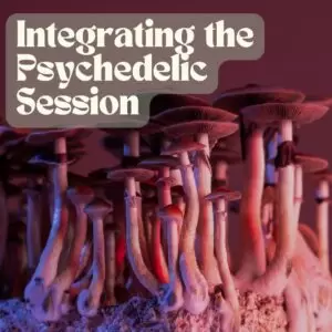 A photo of mushrooms with words that say "Integrating the psychedelic experience"