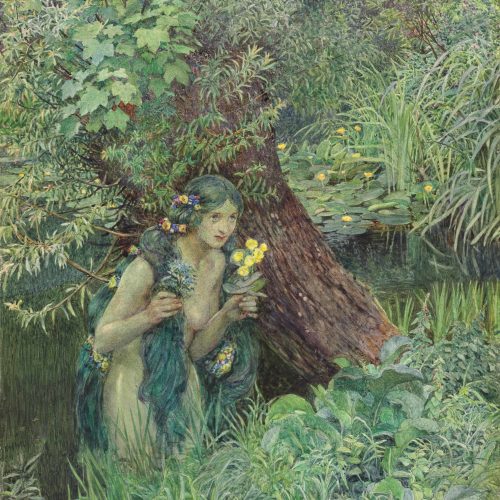 ritual for spring equinox painting - Eleanor Fortescue-Brickdale - With goodly greenish locks, all loose 'untied'